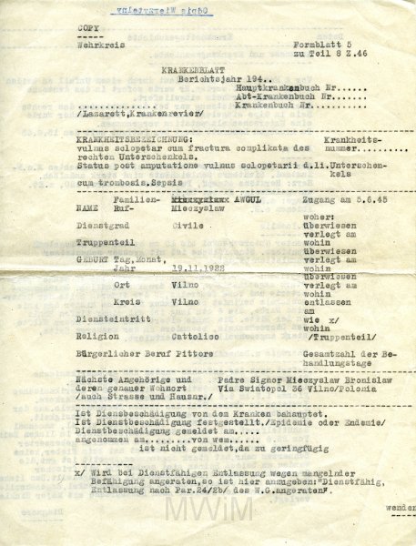 KKE 5777.jpg - (niemiecki) Dok. Oswiadczenie szpitalne w sprawie amputacji nogi Mieczysław Awgul, Heidelberg, 5 VI 1945 r.